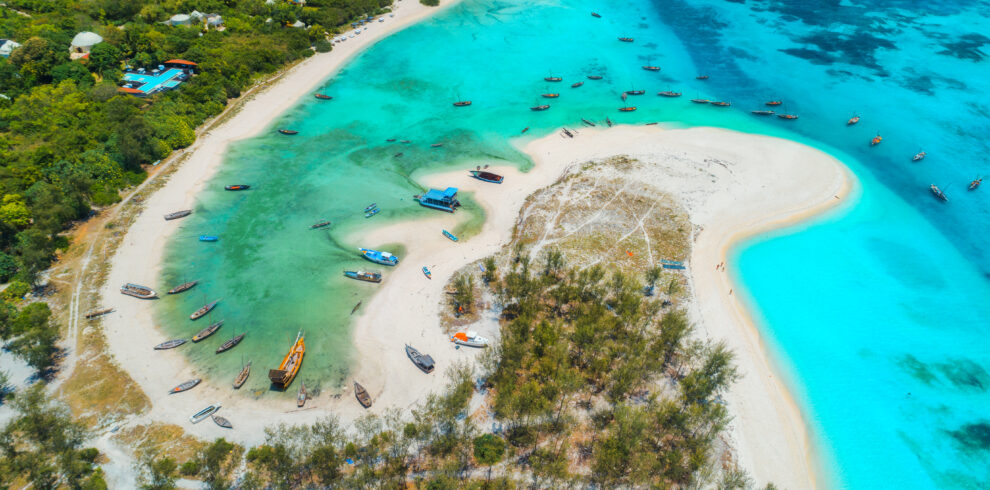 Aerial view of the fishing boats on tropical sea coast