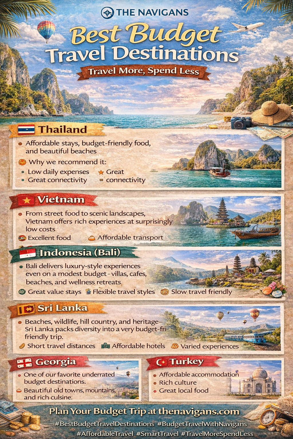 Best budget travel destinations including Thailand, Vietnam, Bali, Sri Lanka, Georgia and India