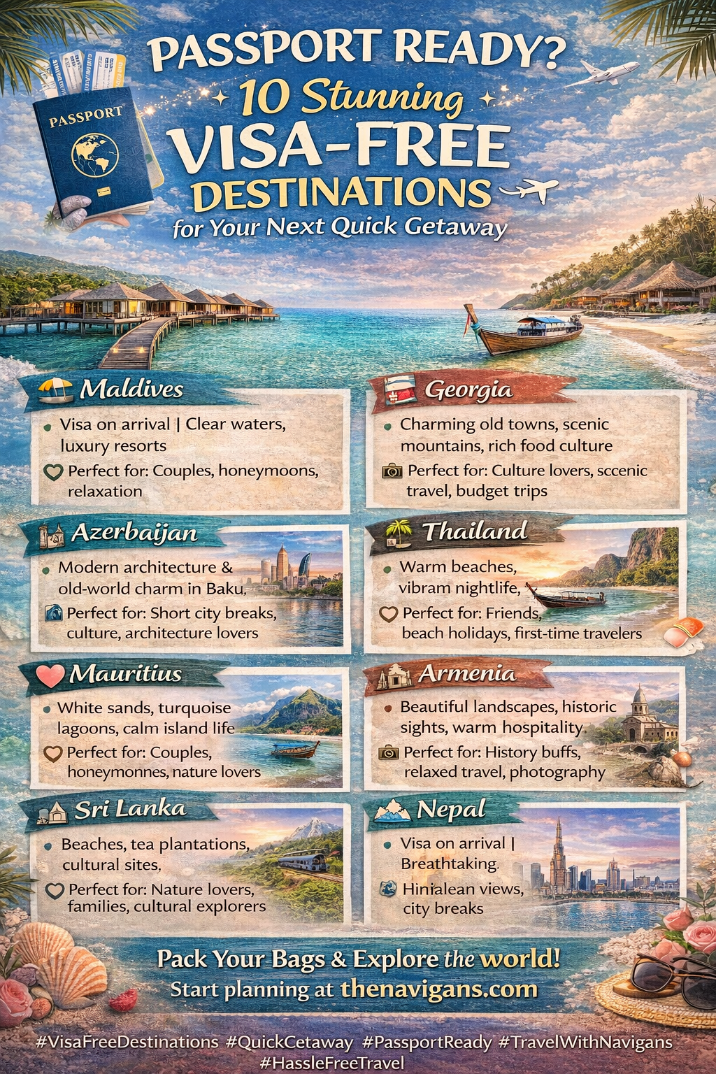 Visa-free destinations including Maldives, Georgia, Thailand, Mauritius, Sri Lanka and Nepal